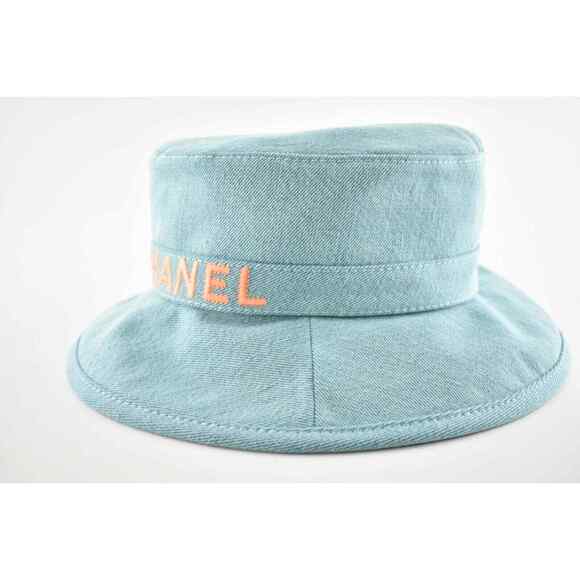 Chanel 21S Blue Orange CC Logo Denim Cotton Cloche Sun Bucket Hat M Medium